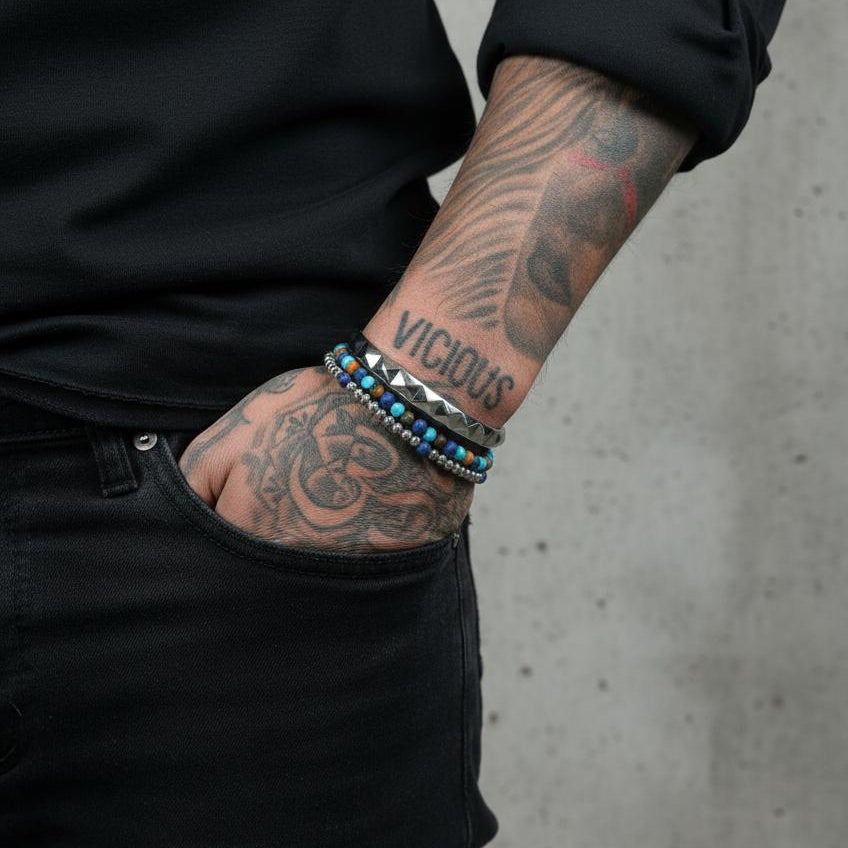 Double Stack Sterling Silver T-Bar Bracelet | Turquoise, Tiger Eye & Lapis Lazuli Heishi Beads | Mia Collection