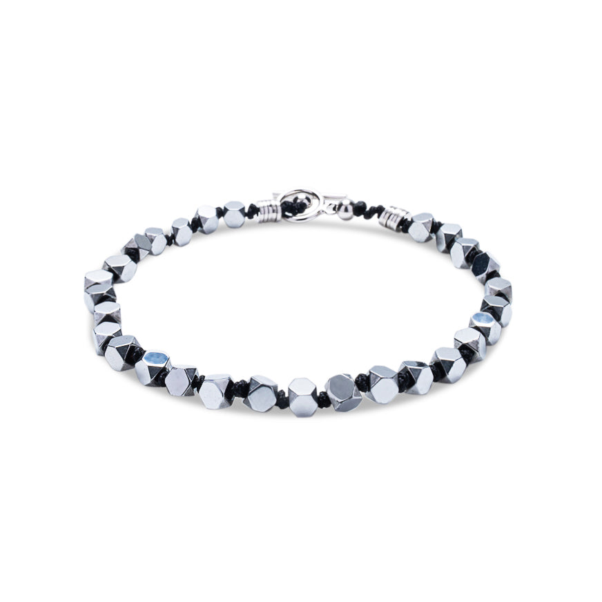 Faceted 925 Sterling Silver Cube Bracelet | Black Macrame | Mia Collection