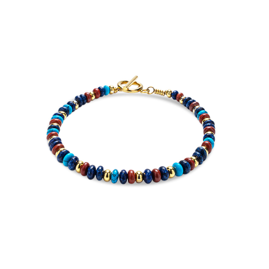 Lapis Lazuli, Turquoise & Red Jasper 4mm Heishi Bead Bracelet - Gold | Mia Collection
