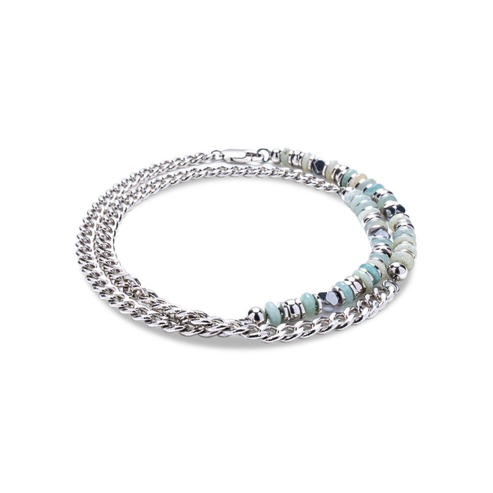 Double Wrap 925 Sterling Silver - Milky Bone Quartz & Aquamarine Heishi Bead Bracelet - | Riley Collection