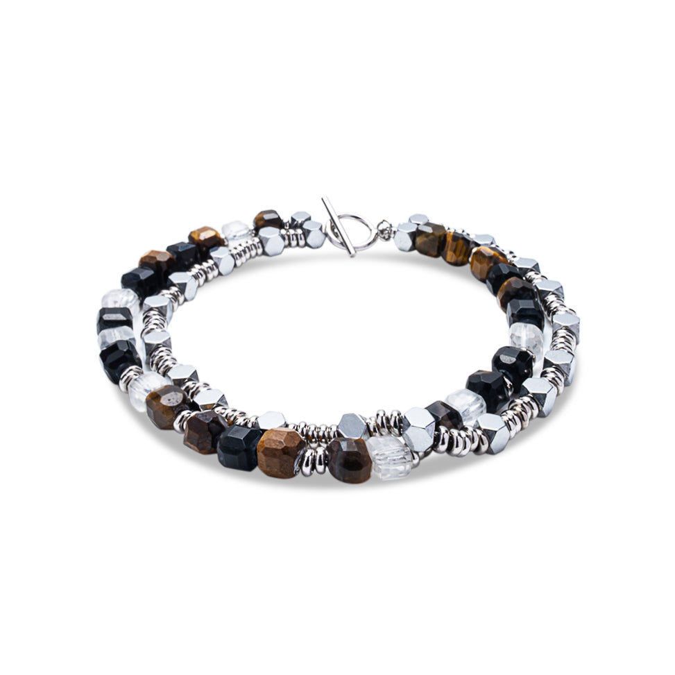 Double-Stack Sterling Silver & Heishi Bead Bracelet - Hematite, Quartz, Tiger's Eye | Mia Collection