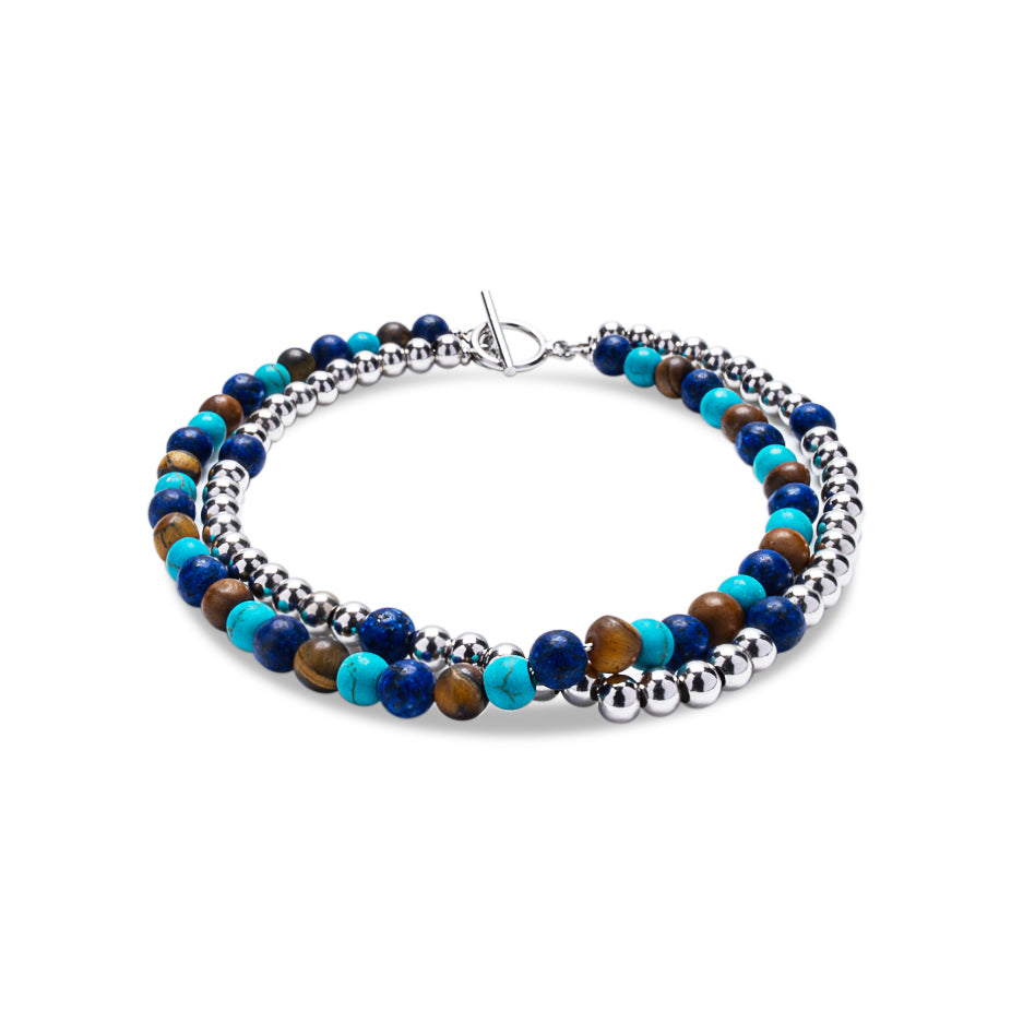 Double Stack Sterling Silver Bracelet - Turquoise, Tiger Eye & Lapis Lazuli Heishi Beads | Mia Collection