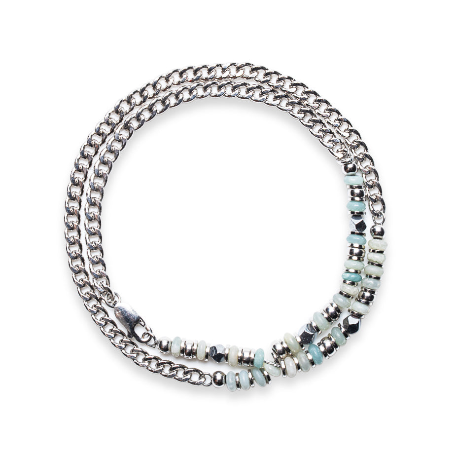 Double Wrap 925 Sterling Silver | Milky Bone Quartz & Aquamarine Heishi Bead Bracelet | Riley Collection