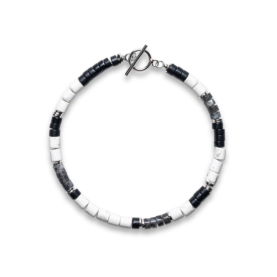 Black Agate & Natural Howlite Heishi T-Bar Bracelet - 925 Sterling Silver | Mia Collection
