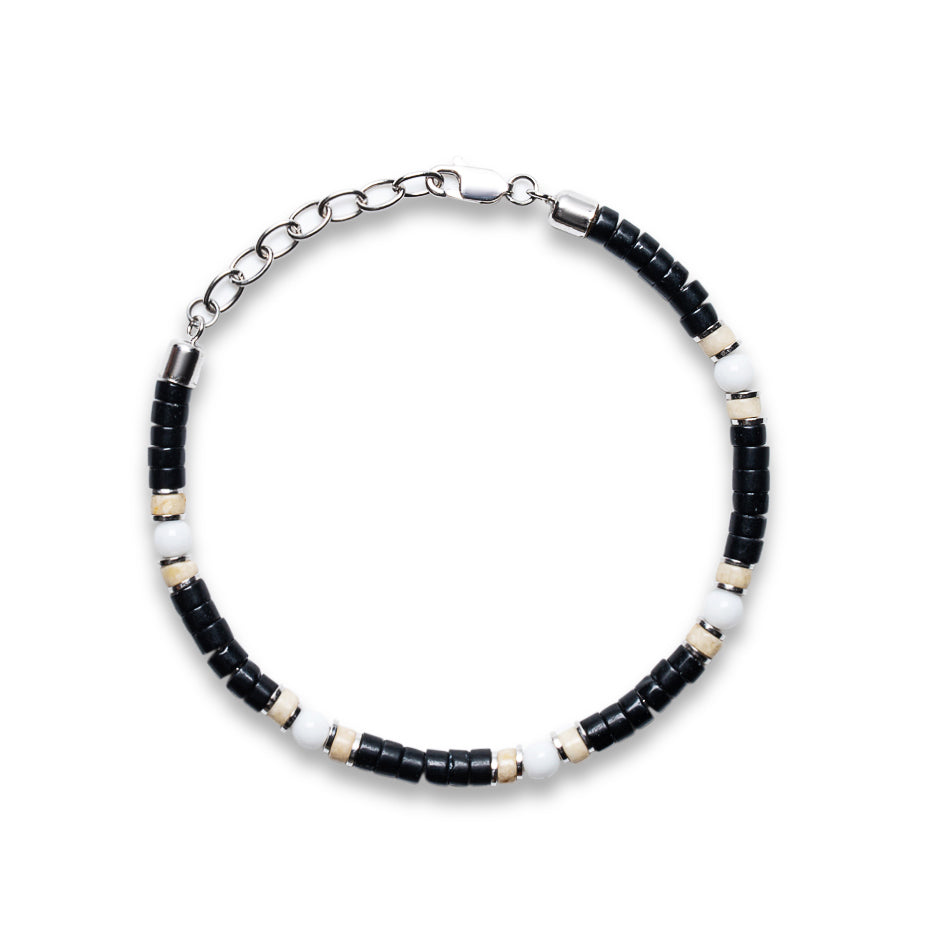 Black Agate, Cream Jade & Howlite Heishi Lobster Bracelet | 925 Sterling Silver | SHADAE Collection