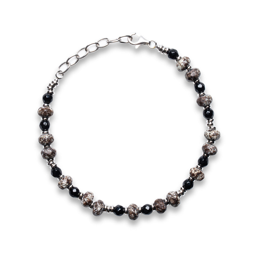 Ash Grey Labradorite & Black Onyx Heishi Lobster Bracelet | 925 Sterling Silver | SHADAE Collection