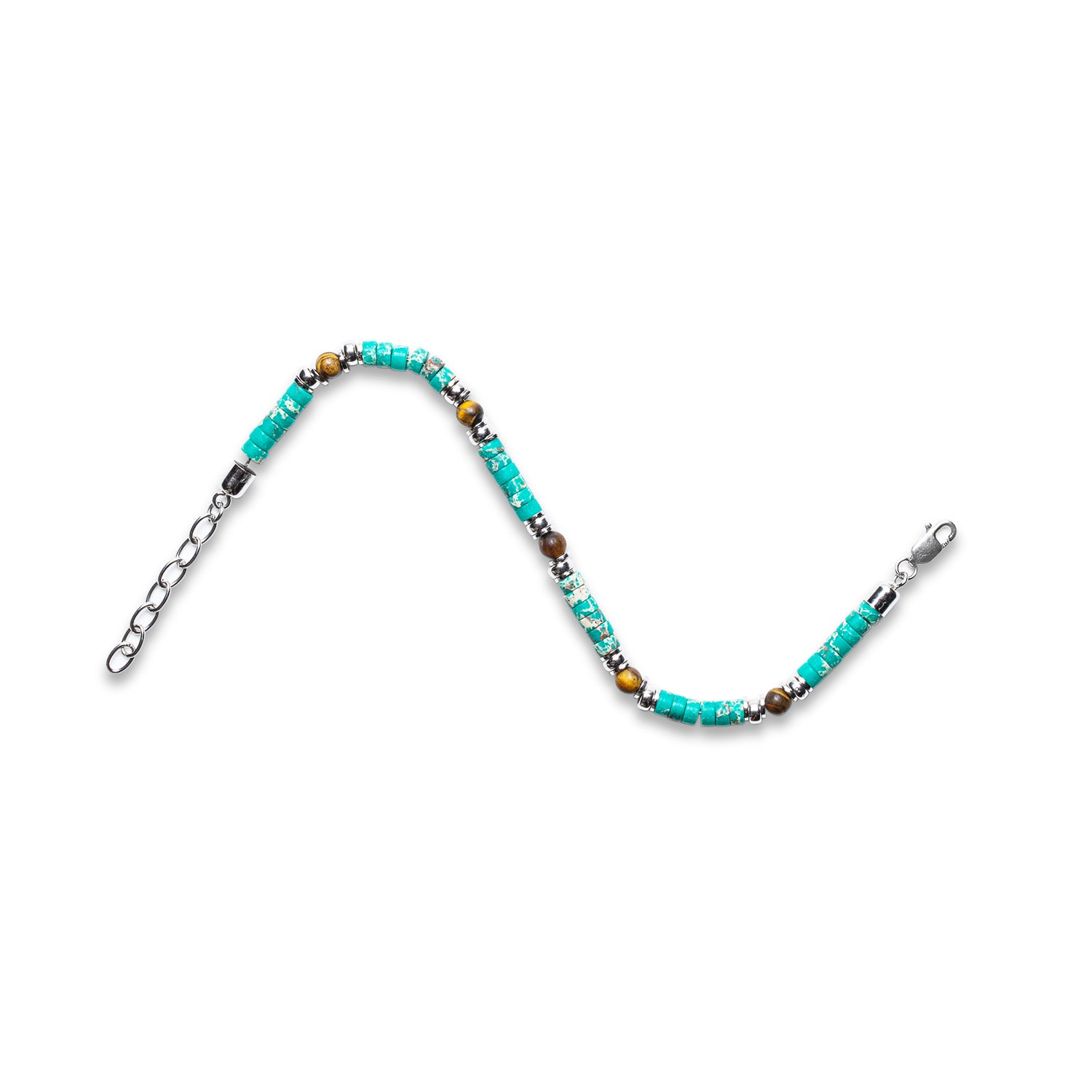 African Turquoise & Tiger Eye Lobster Bracelet - 925 Sterling Silver | Veda Collection