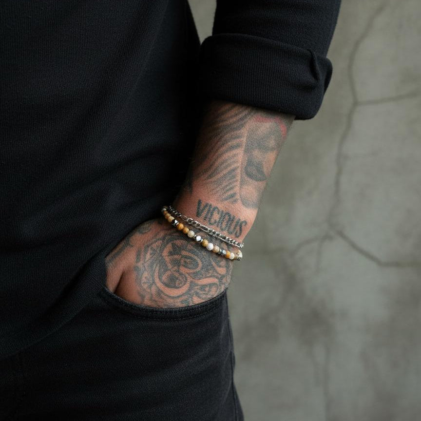 Double Stack 925 Sterling Silver T-Bar Bracelet | Milky Bone Quartz & Sandstone Heishi Bead | Mia Collection