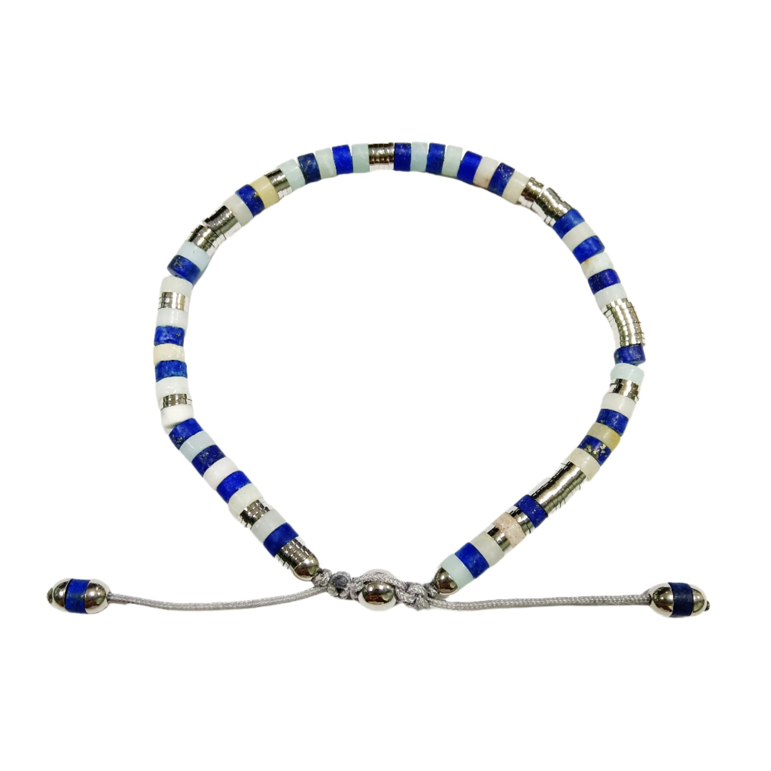 925 Sterling Silver Bracelet with blue, white, and silver beads on a white background