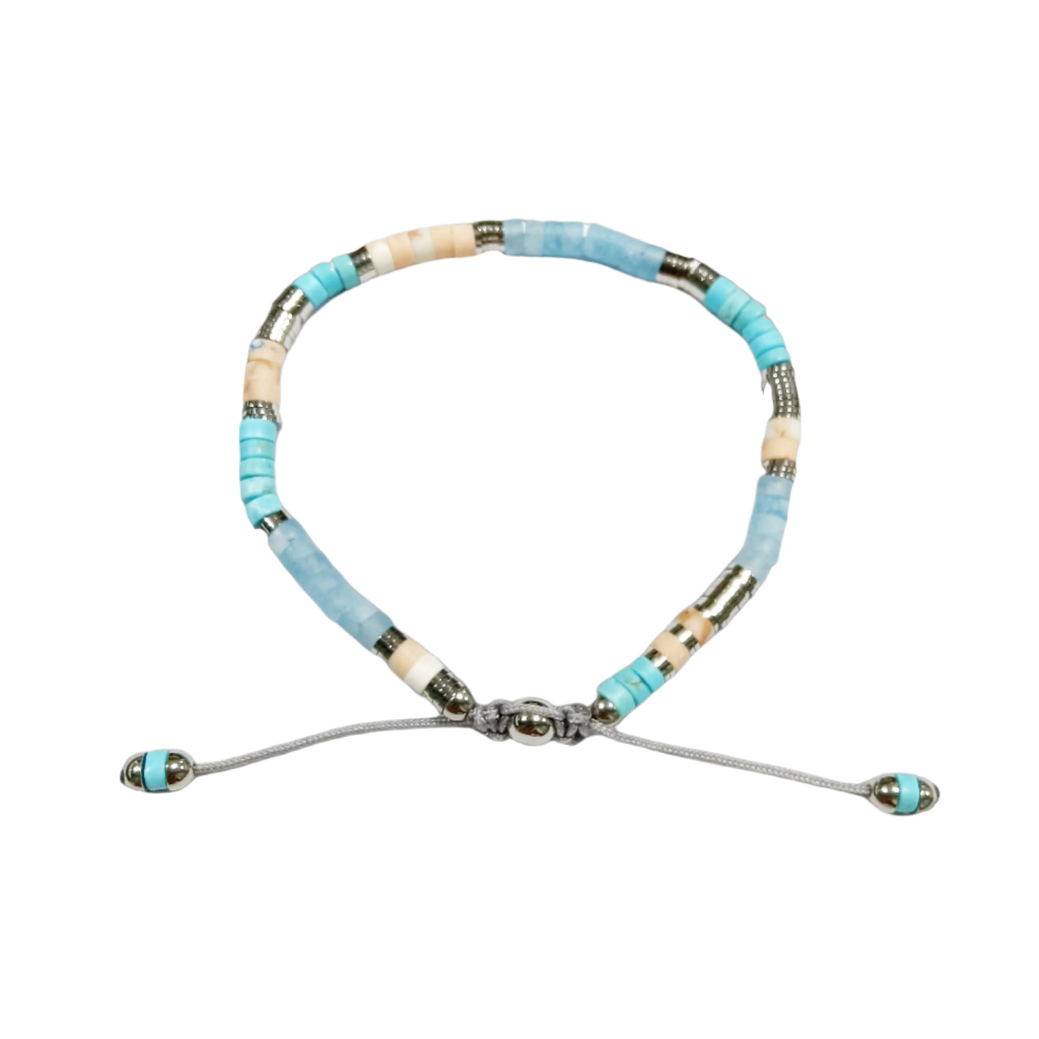 Beaded bracelet with blue, white, and 925 silver beads on a white background