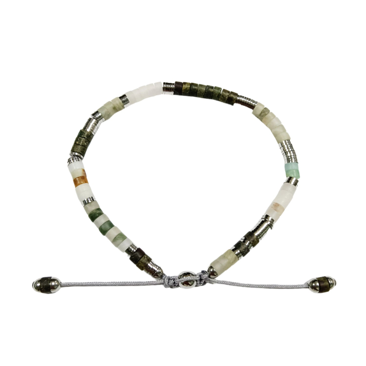 Beaded necklace with green, white, and brown beads on a white background