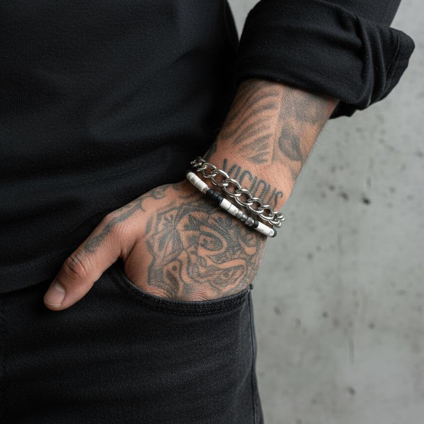 Black Agate & Natural Howlite Heishi T-Bar Bracelet  |  925 Sterling Silver  |  Mia Collection