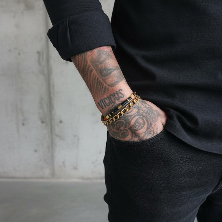 Black Onyx, Carnelian & Yellow Jade Heishi Bead Bracelet  |  Gold Discs  |  NAIA COLLECTION