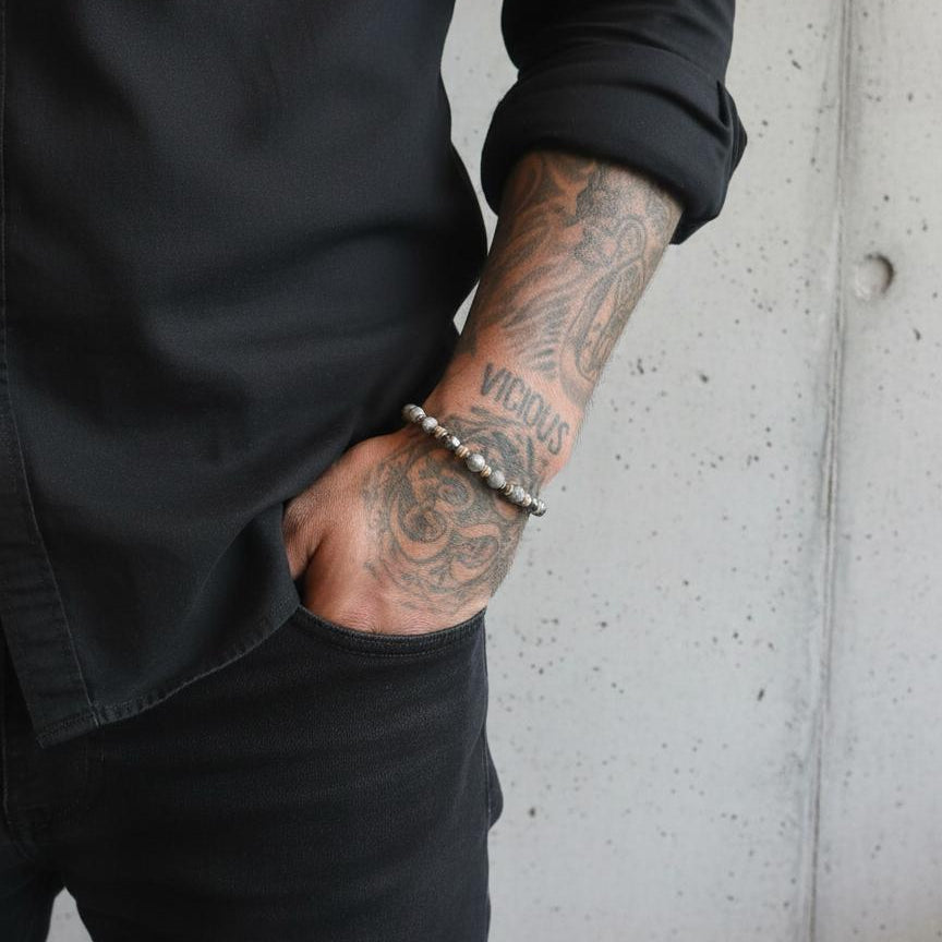 Moonstone, Smoky Quartz & Landscape Jasper Heishi Slip-On Bracelet  |  925 Sterling Silver  |  SHADAE Collection