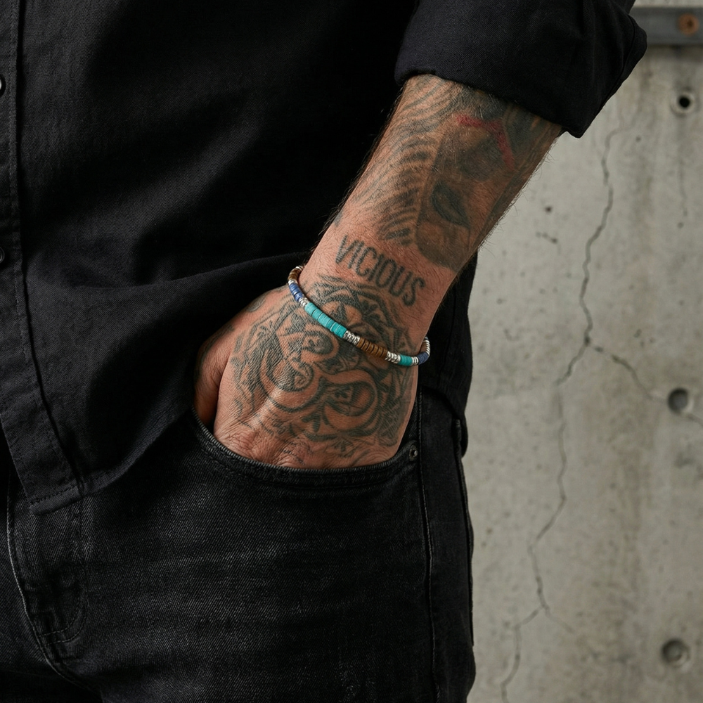 TURQUOISE, LAPIS LAZULI & TIGER EYE HEISHI BRACELET  |  925 STERLING SILVER  |  NAIA COLLECTION