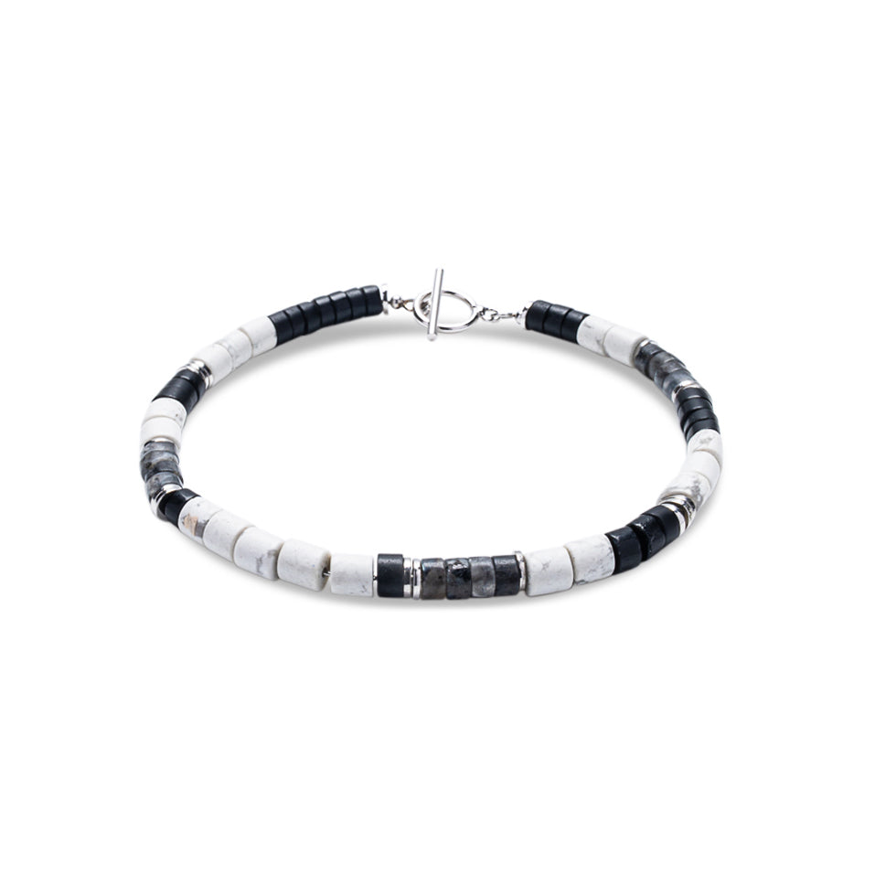 Black Agate & Natural Howlite Heishi T-Bar Bracelet - 925 Sterling Silver | Mia Collection