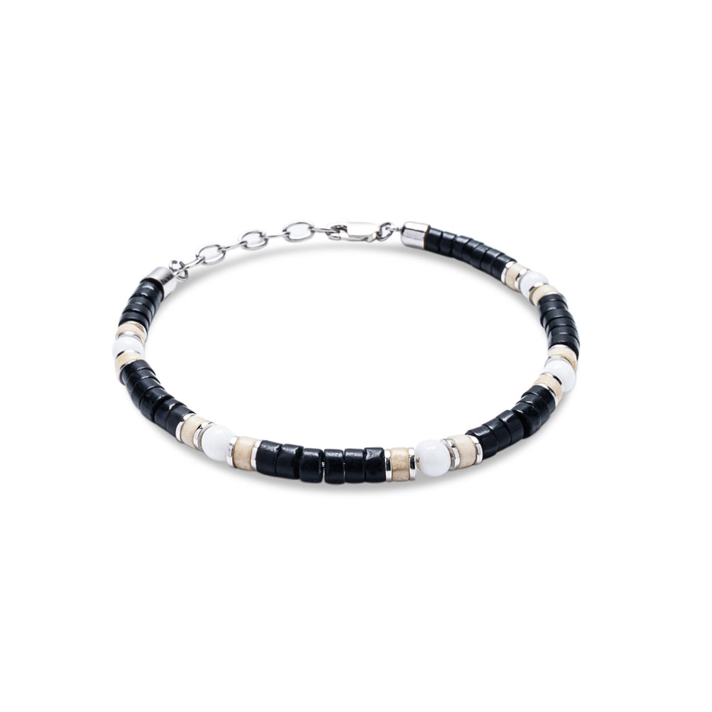 Black Agate, Cream Jade & Howlite Heishi Lobster Bracelet - 925 Sterling Silver | VEDA Collection