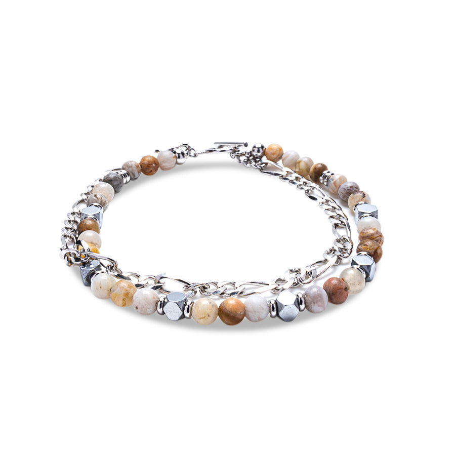 Double Stack 925 Sterling Silver - Milky Bone Quartz & Sandstone Heishi Bead Bracelet - | Mia Collection