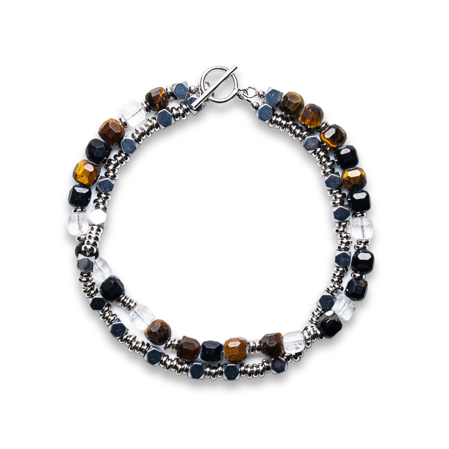 Double-Stack Sterling Silver & Heishi Bead Bracelet - Hematite, Quartz, Tiger's Eye | Mia Collection