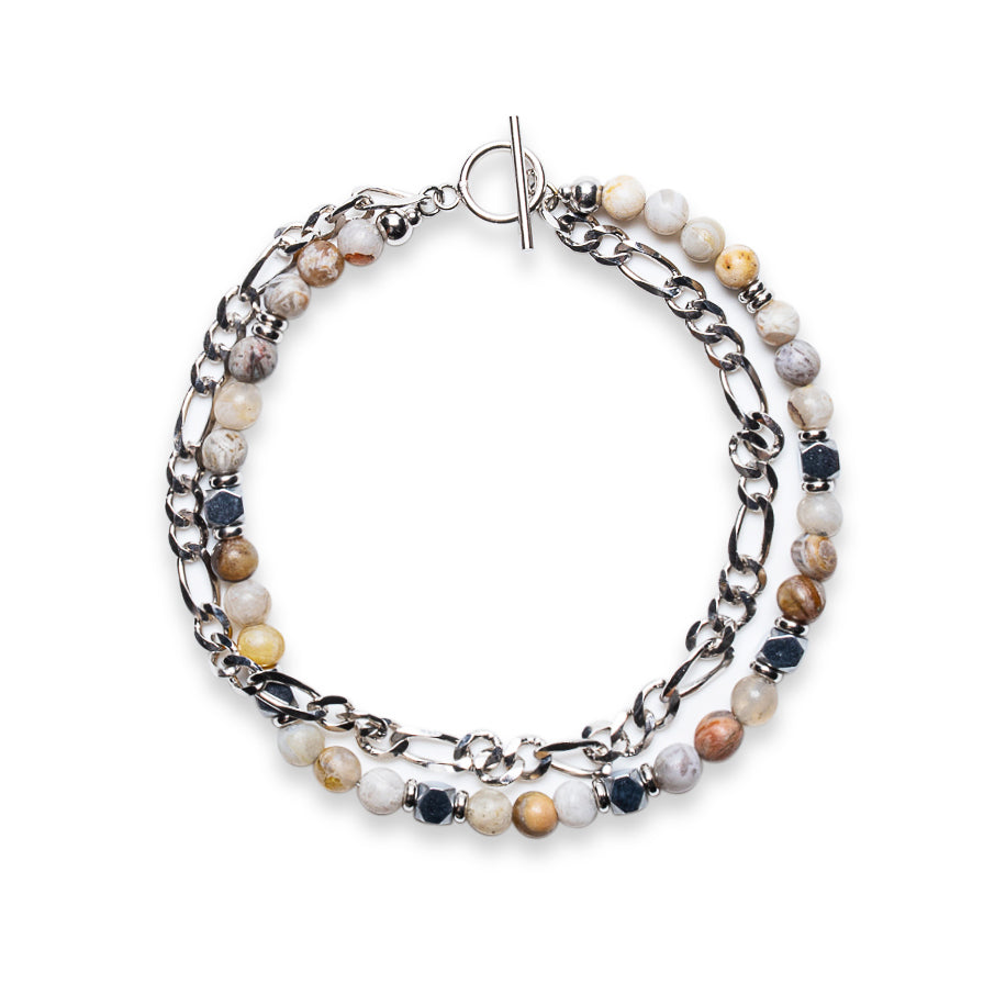 Double Stack 925 Sterling Silver - Milky Bone Quartz & Sandstone Heishi Bead Bracelet - | Mia Collection
