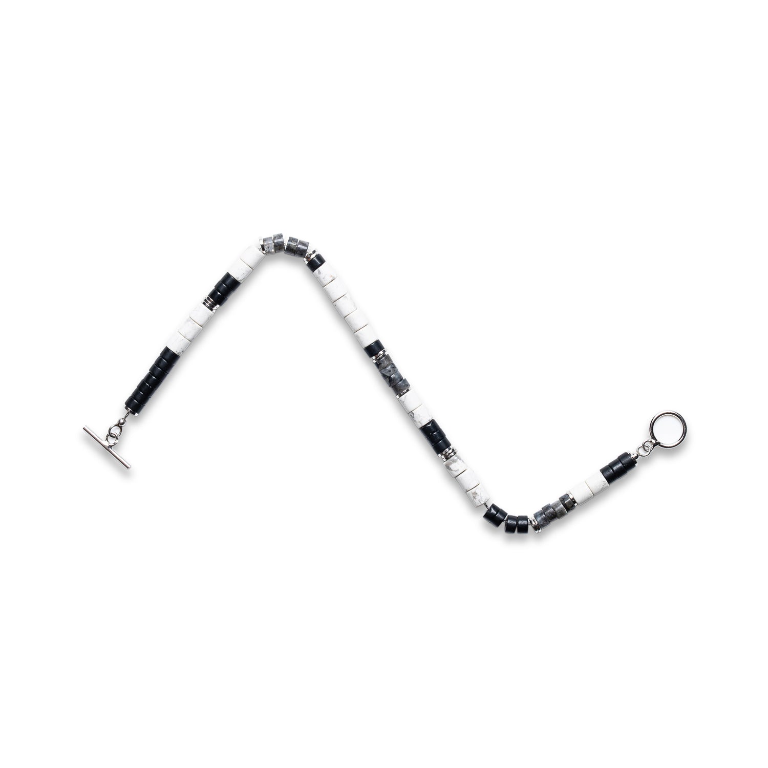 Black Agate & Natural Howlite Heishi T-Bar Bracelet - 925 Sterling Silver | Mia Collection