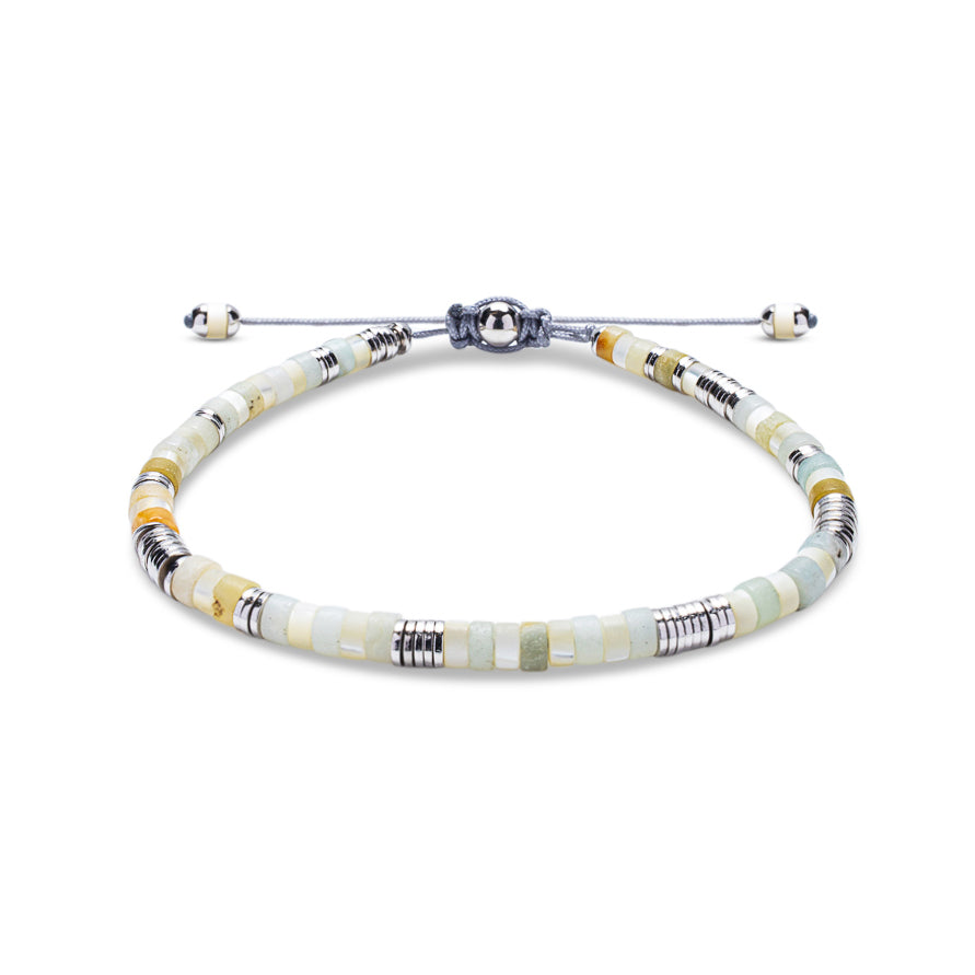 YELLOW SHELL PEARL & CREAM AGATE HEISHI BEAD BRACELET - 925 STERLING SILVER I NAIA COLLECTION