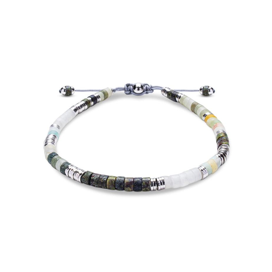 GREEN AMPHIBOLE & WHITE AGATE HEISHI BEAD BRACELET - 925 STERLING SILVER | NAIA COLLECTION