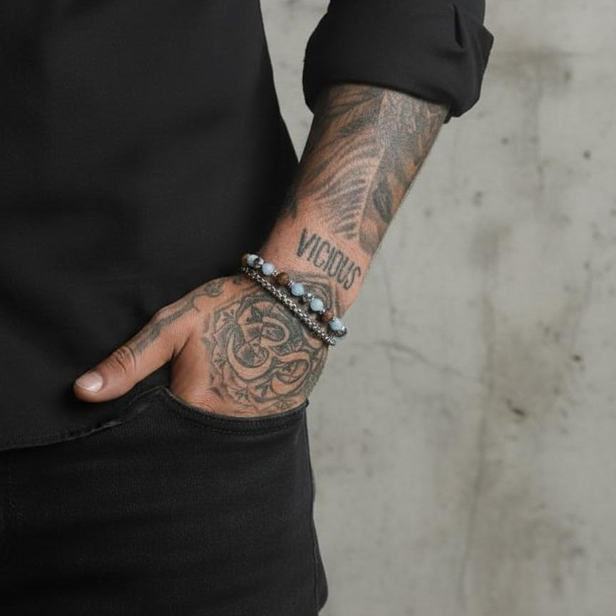 Aquamarine & Tiger Eye Heishi Lobster Bracelet  |  925 Sterling Silver  |  SHADAE Collection