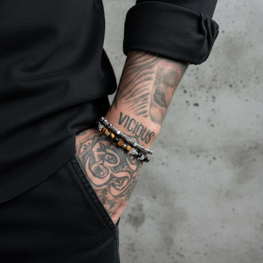 Double-Stack 925 Sterling Silver T-Bar Bracelet  |  Hematite, Rock Crystal Quartz & Tiger's Eye Heishi Beads  |  Mia Collection